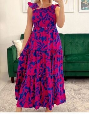 abel the label angelica m Floral Ruffle Sleeve Maxi Dress in Fuchsia and Blue